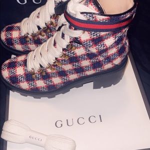 Gucci Women Vintage Tweed Check Lace Up Combat Ankle Boots Size 12